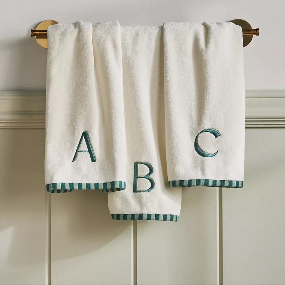 Anthropologie Monogrammed Embroidered Green and White Towel